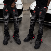 Jeans skinny noirs personnalisés pour hommes, déchirés, ornés de strass, style streetwear hip-hop, coupe slim, délavés à l'acide, effet bling
