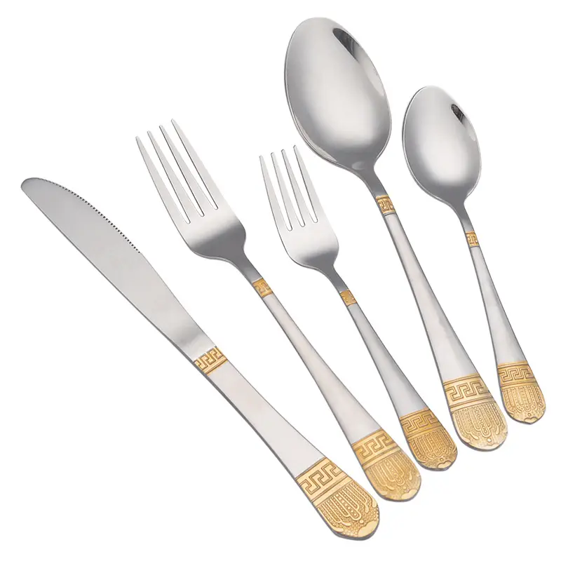 European and American Luxury Stainless Steel Golden Crown Knife Fork Spoon 5-piece Tableware Utensil Set for Home Hotel Gift