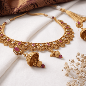 Conjunto de Collar Minimalista Tradicional Chapado en Oro y Cobre con Pendientes Jhumka a Juego para Uso Étnico Indio en Compromisos - Product Image 4