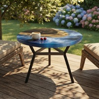 Table basse artisanale en noyer et résine époxy, motif île océanique, vague bleue et mousse blanche, pour salon