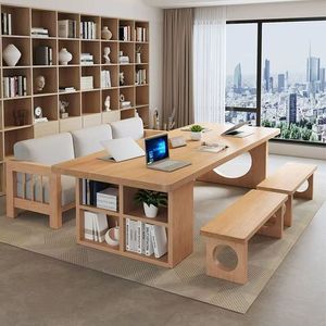 <b>Solid</b> <b>Wood</b> Integrated Desk And <b>Bookcase</b> One Line Office Study Table With Storage Shelf For Home Workspace DY78246 - Product Image 3