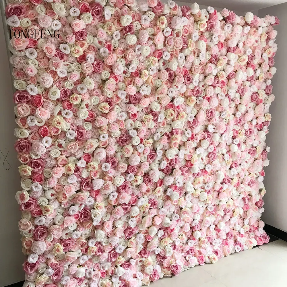 TONGFENG 4ft*8ft Pink 3D Roll Up Flower Wall Wedding Party Backdrop Decoration Artificial Silk Rose Peony Plants Panels Runners