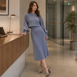 เดรสไหมพรมสีน้ำเงินสไตล์มินิมอล คอทรงโอ แขนยาว ทรงหลวม เอวธรรมชาติ เหมาะสำหรับใส่ในฤดูใบไม้ร่วง - Product Image 3