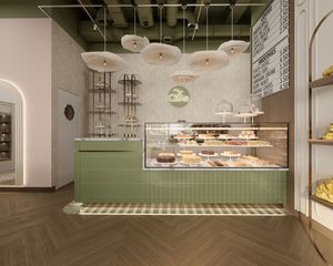 Diseño Interior de Lujo para Cafetería y Panadería Francesa, Muebles Personalizados para Panadería y Cafetería, Solución Integral en Madera Nórdica Crema y Vidrio - Product Image 1