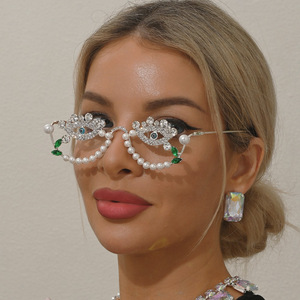 Montura de <span class=keywords><strong>Gafas</strong></span> Decorativa sin Lentes, Estilo <span class=keywords><strong>Boho</strong></span> Chic, con Adornos de Perlas y Piedras de Imitación, en Tono Plateado - Product Image 6