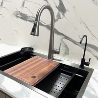 Évier de cuisine en acier inoxydable fait main gris/noir avec grand évier simple, robinet multifonction en cascade, anti-rayures, trois trous
