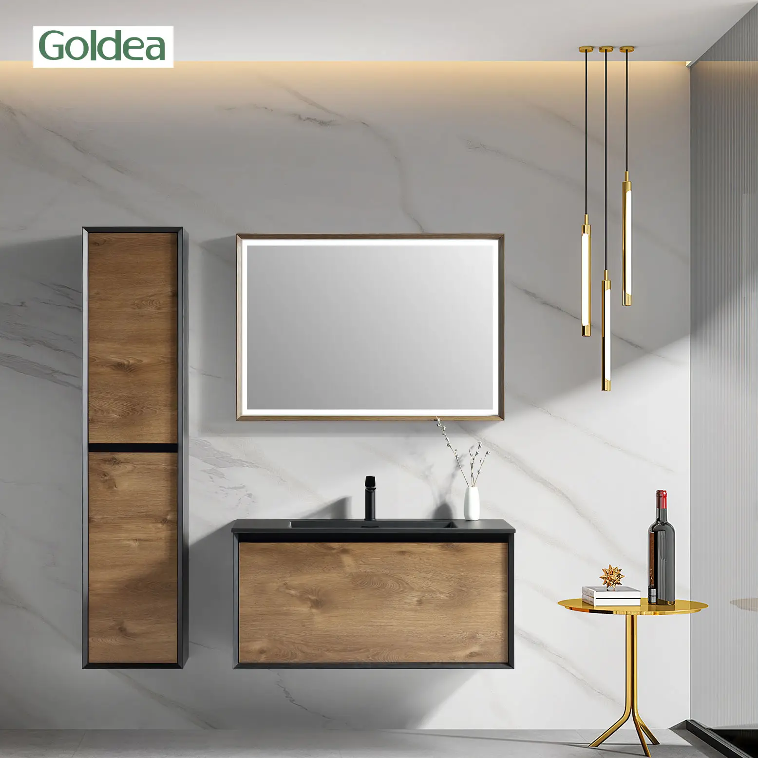 Goldea 2024 canton fair exhibits wood surface melamine black metal surround bathroom cabinet YBC205C-080