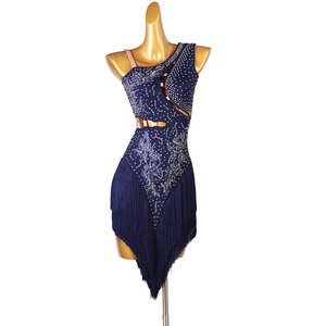 Robe de <span class=keywords><strong>Danse</strong></span> Latine Scintillante pour Compétition, Sexy, Dos Nu, à Franges, pour <span class=keywords><strong>Jive</strong></span> et Three Step, Bleu Marine, pour Femme, Robe de Performance Latine - Product Image 1