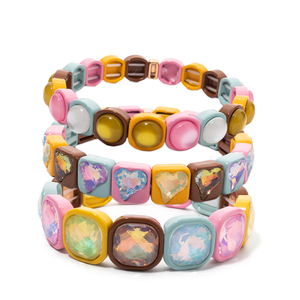 Bracciale Elastico CENDA Boho Macaron Multicolore <span class=keywords><strong>con</strong></span> Smalto e Strass Lucidi, Bracciale da Festa <span class=keywords><strong>con</strong></span> <span class=keywords><strong>Perline</strong></span> a Cuore e Quadrato - Product Image 1