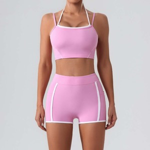 JY Ladies 2 pz Sport Gym abbigliamento sportivo Halther Crop <span class=keywords><strong>Top</strong></span> con imbottitura petto pieghevole vita alta lifting glutei e gonna Yoga set - Product Image 4