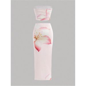 FOXA Girl's Strapless Chiffon 2-Piece <b>Set</b> Floral Crop Top & Bodycon Maxi Skirt Breathable Summer Outfit - Product Image 2