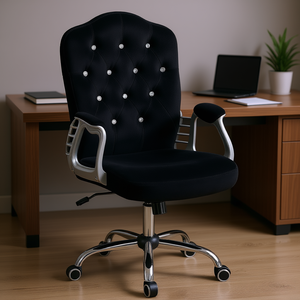 เก้าอี้สำนักงานกำมะหยี่สีดำ พนักพิงแบบกระดุมปรับระดับความสูงได้ เก้าอี้หมุนฐานโครเมียม ดีไซน์ร่วมสมัย - Product Image 2