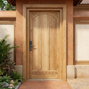 Una lujosa puerta frontal de teca maciza con un arco superior, adornada con impresionantes motivos florales tallados a mano. - Product Image 3