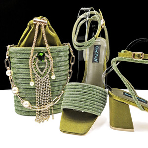 Strap square-toe thick-soled striped diamond-<b>studded</b> women's shoes - same style as the pearl tassel bucket <b>bag</b> shoe and <b>bag</b> set - Product Image 1