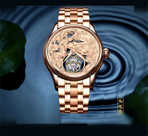 Montre mécanique squelette pour homme 42 mm avec tourbillon, micro-gravure 3D cochon doré et diamants véritables - Product Image 6