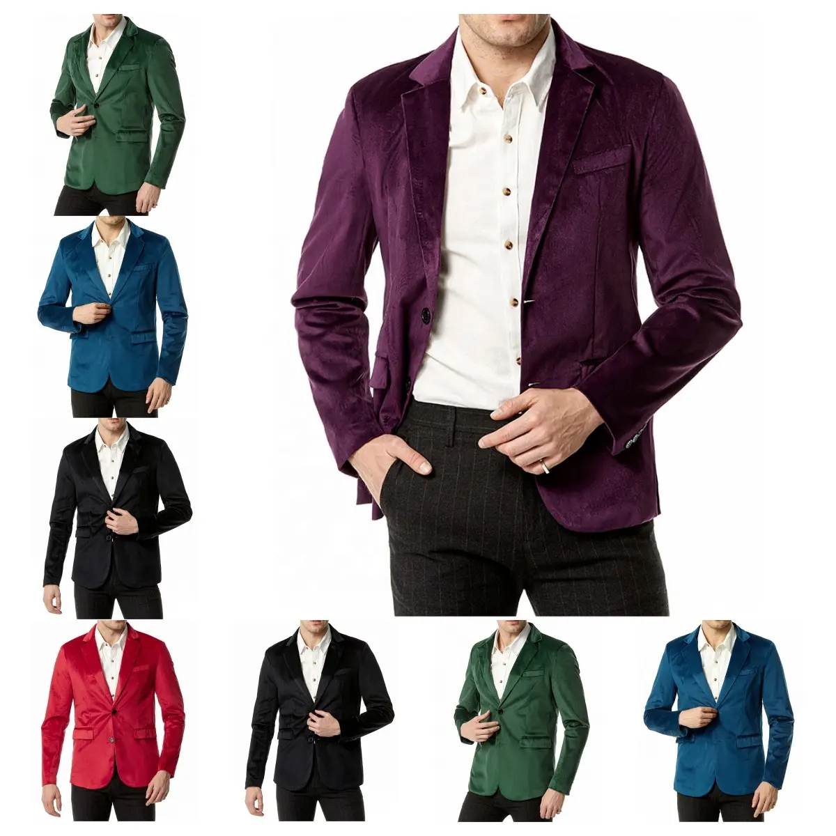 Mens Velvet Blazer Slim-Fit Solid Color One Button Blazer Sport Coat Jacket for Wedding Dinner Party