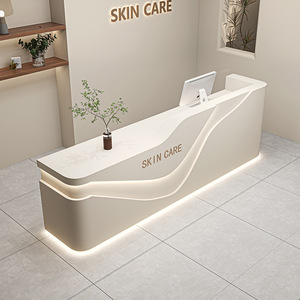 Comptoir de réception moderne incurvé pour salon de beauté, comptoir d'accueil en bois laqué, table de hall commercial - Product Image 2