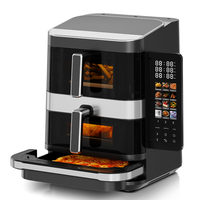 Four à friture sans huile 3 couches 6+4+10L 2800W en acier inoxydable avec double panier, contrôle numérique, 12 préréglages, fenêtres d'observation, synchronisation, sans huile