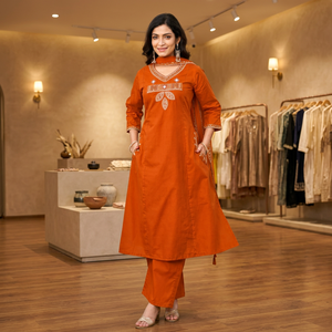 Ensemble Kurta et pantalon décontracté ethnique pour femme, brodé orange, réversible, coupe ample, longueur au sol, manches trois quarts, avec dupatta - Product Image 2