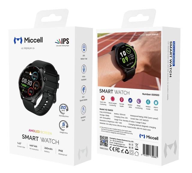 Miccell Fashion Smart Watch 1.43 Inch HD Screen with GPS Positioning AI Voice Assistant Waterproof Smart Fitness Watch for Man
