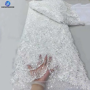 Dentelle Sinya de luxe en maille à sequins et perles, 5 yards, dernière collection, tissu en tulle français brodé perlé, <span class=keywords><strong>bordeaux</strong></span>, pour mariage et fête - Product Image 4