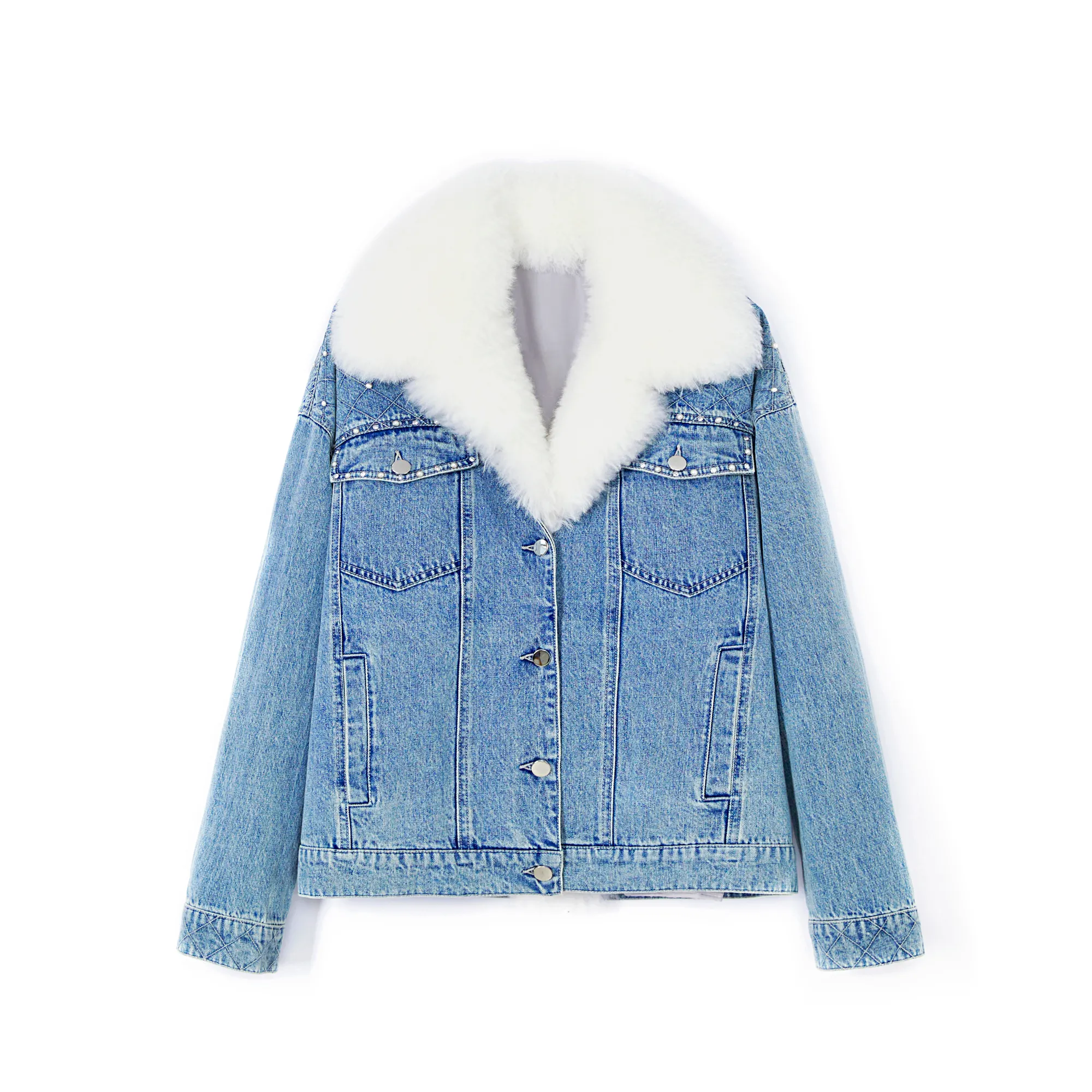 Womens Denim Jean Jacket Blue Jeans Winter Real Fur Jacket with Fur for Woman