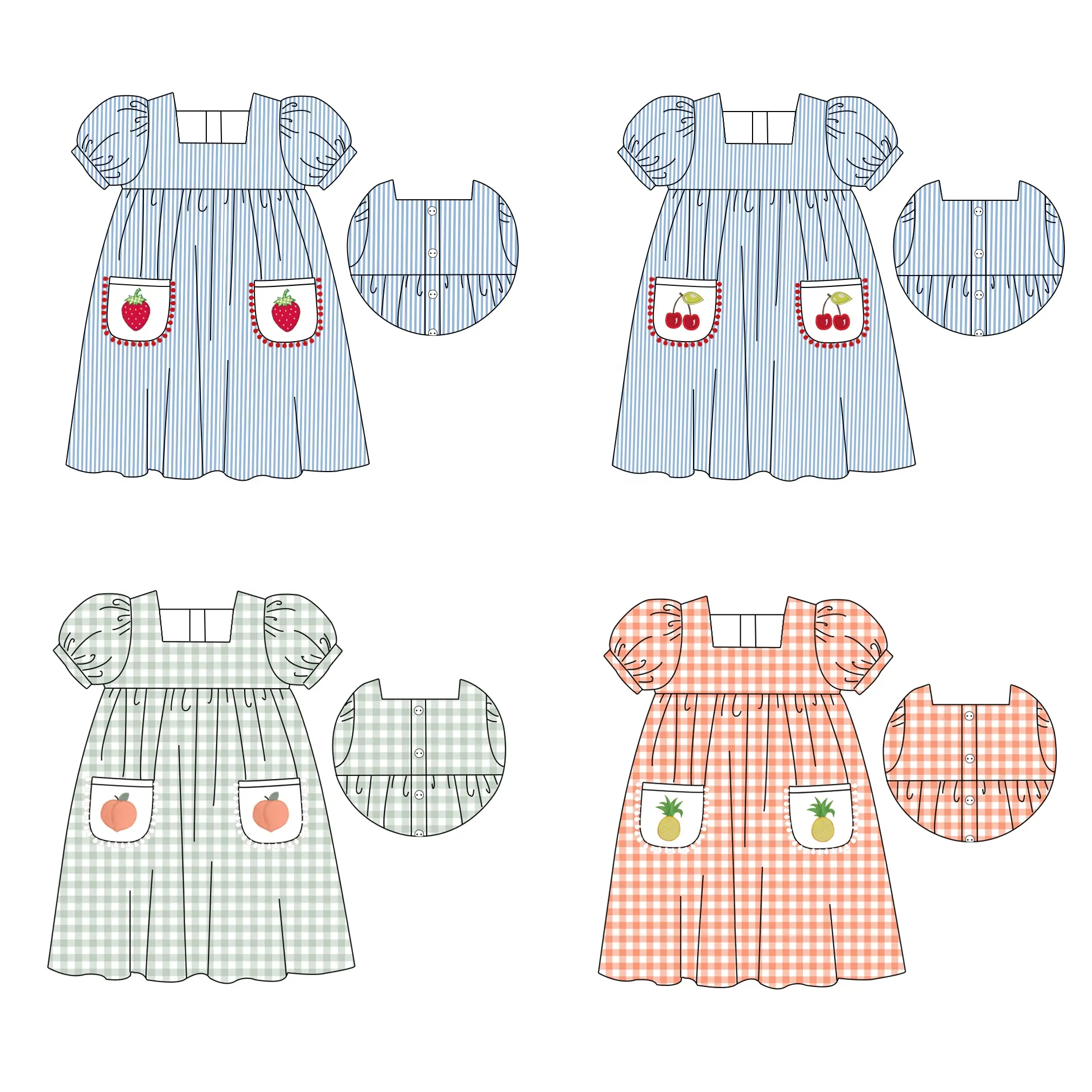 Puresun custom kids clothing sets summer seersucker woven cotton little girl summer embroidery dresses