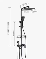 Ensemble de douche mural moderne en acier inoxydable noir mat avec pommeau de douche carré, douchette à main et barre coulissante avec étagère