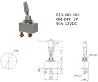 Interrupteur à bascule robuste 50 ampères 12V pour automobile, 2 positions ON-OFF, interrupteur à bascule SPST, 2 broches, métal chromé, borne à vis