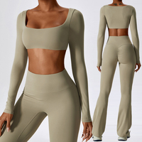 Ensemble de sport respirant uni pour femme, avec leggings évasés froncés aux fesses et haut à manches longues, taille haute élastique, grande taille, pour yoga, gym et fitness