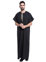 Jubah Muslim Pria Arab Musim Panas, Bahan Polyester Lembut Warna Solid, Bordir Depan, Kerah O-neck, Lengan Pendek, Model Longgar, Rok Panjang