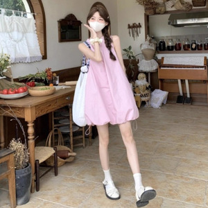 Pink Sleeveless Camisole Dress Loose Waist Breathable Summer Beach Cover Up For Women Solid Color Simple Style - Product Image 1