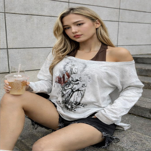 Y2K Sexy <b>Off</b> <b>Shoulder</b> Ancient Greek Print Two Piece Long Sleeve T Shirt Streetwear Slim Fit Babydoll Club <b>Top</b> - Product Image 5