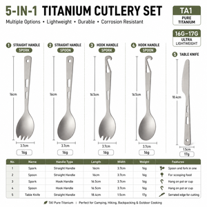 Titanium Cutlery Set Pure Titanium Spork Spoon and Knife Lightweight <b>Camping</b> Utensils with Hook Handle for Hiking Backpacking - Product Image 2