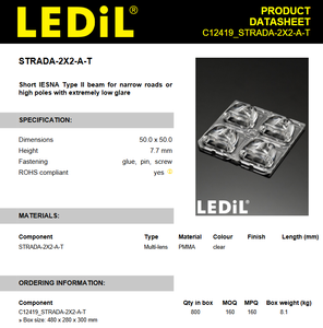 Ledils C12419_STRADA-2X2-A-T Lentille LED 4-en-1 2×2 50x50mm Type II IESNA Faisceau Asymétrique Optique PMMA pour Éclairage de Rue Étroit - Product Image 2