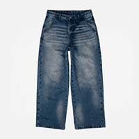 Jean en denim à ourlet effiloché pour homme, coupe large et décontractée, tombé ample, poches usées, bleu vintage, effet moustaches, style streetwear personnalisé