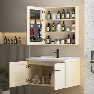 Conjunto de Mueble de Baño Moderno y Sencillo con <span class=keywords><strong>Lavabo</strong></span> de Cerámica Integrado de Color Crema, Espejo Inteligente y Gabinete de Pared - Product Image 2