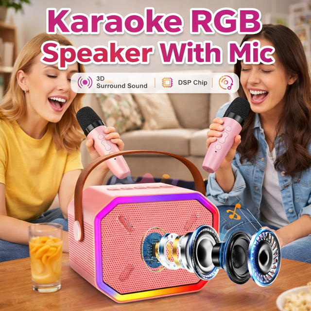 Portable Karaoke Machine with 2 Wireless Microphones RGB LED Bluetooth Speaker Power Bank for Outdoor Party Singing