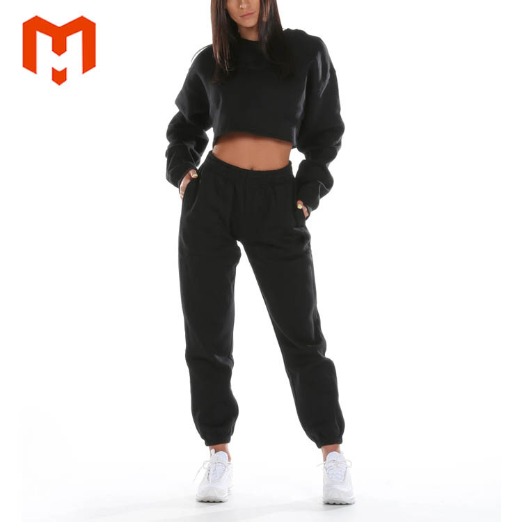 Jogging En Coton Noir Femmes 2 Pièces Ensemble Survêtements Logo Personnalisé Plaine Survêtement Pour Les Femmes