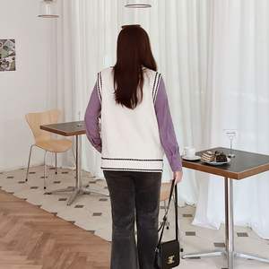 Gilet tricoté à col en V Runqi pour femme, grande taille, style preppy, blanc, noir, caramel, fibre acrylique N8496 - Product Image 4