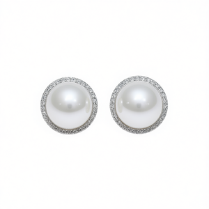 Boucles d'oreilles clous en or blanc E3651, forme boule, serti clos, bijoux de mariage classiques pour femme - Product Image 1