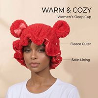 SOLPOP Bonnet en peluche à oreilles de chat rouges, doublure en satin, bonnet de nuit en sherpa pour femme, cadeau pour l'hiver et les soins capillaires