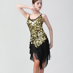 Robe à paillettes paillettes pour femmes Sexy col en V dos nu danse latine Performance robe irrégulière ourlet slip robe - Product Image 4