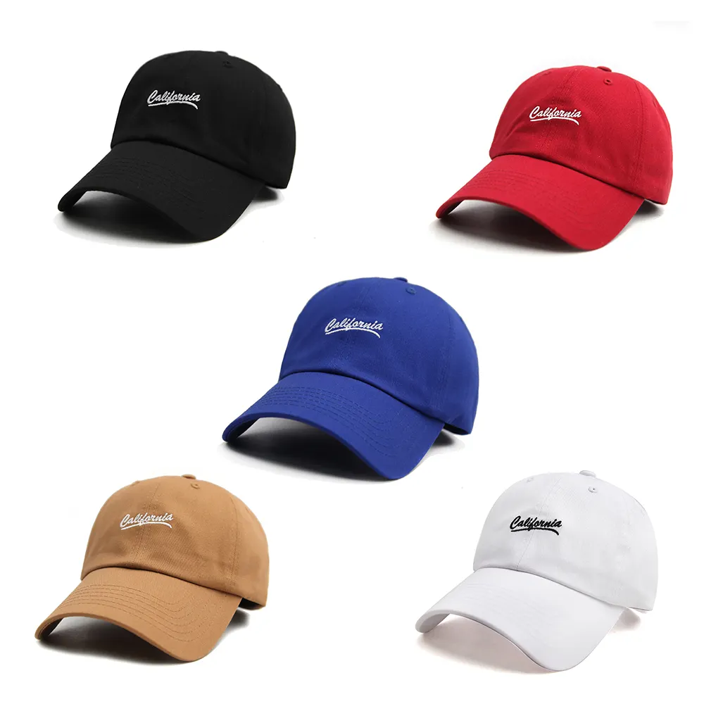 Alta Qualidade Caps Califórnia Bordado 100% Algodão Personalizado Atacado 6 Painel Baseball Hat Unstructured Ajustável Pai Hat