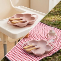 Assiette à ventouse en silicone en forme de cerisier avec poignées, plateau d'alimentation de qualité alimentaire, ensemble fourchette et cuillère à manche en bois pour enfants