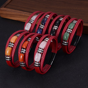 <b>Red</b> Leather <b>Bracelet</b> With Natural Stone Beads Multi Layer Unisex Jewelry Gift 7.5 8.5 9 Inches Yiwu Origin - Product Image 1