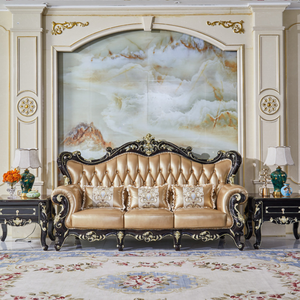 Set di Divani in Legno Massiccio Intagliato Stile Antico Europeo di Lusso, 1 2 3 Posti, <span class=keywords><strong>Mobili</strong></span> per Soggiorno in Vera Pelle - Product Image 3