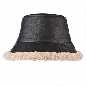 Winter Glabrous Black Pu Leather Fisherman <b>Hat</b> Vintage Japanese Lamb Wool <b>Warm</b> <b>Hat</b> Basin Bucket <b>Hat</b> - Product Image 2