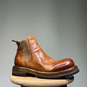 Bottes Chelsea d'hiver en cuir lavé pour hommes, style rétro streetwear, avec plateforme épaisse, élastiques, antidérapantes, à enfiler - Product Image 2