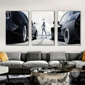 3pcs赛车和女孩帆布画现代超级跑车海报和客厅壁画装饰图片